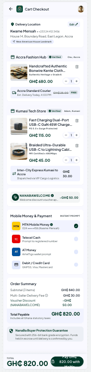 NanaBa cart and checkout screen